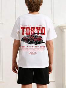 1pc Car Print Short Sleeve T-Shirt, Suitable For Tween Boy Summer Top For Young Students