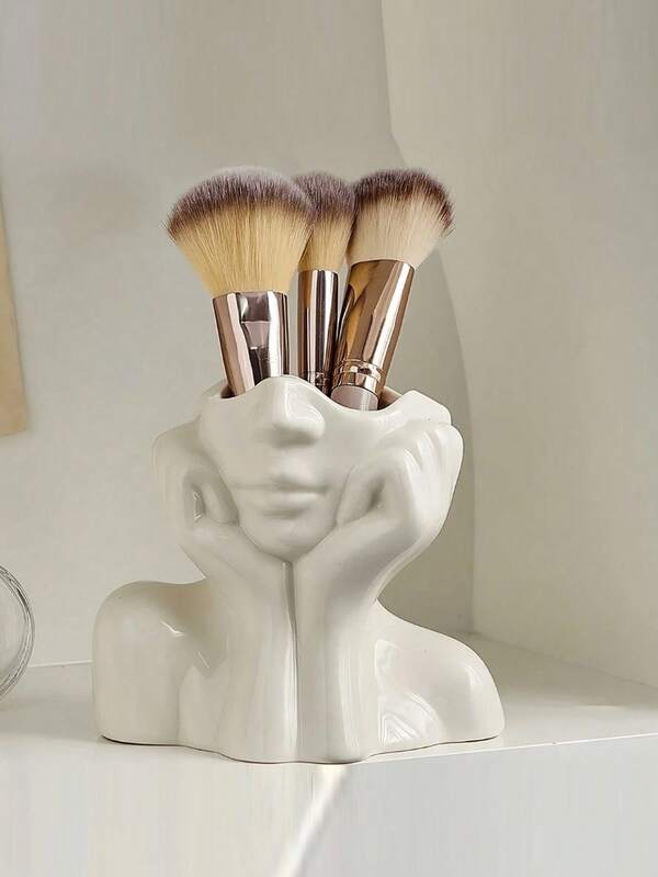 1pc Makeup Brush Holder - Elegant Facial Storage Box With Brush Rack, No Assembly Required, Suitable For Home, Salon, Office - Compatible With Makeup Brushes, Eyebrow Pencils, Lipsticks - Modern Manicure Desk Decor, Artistic Design, Lightweight Construction, Compact & Practical, Salon Accessory, Home Organizer,Room Decor