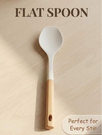 1pc Wooden Handle Silicone Flat Spoon, Silicone Spoon Body Prevents Scratching Cookware, Flat Head Design More Stable For Serving Soup And Dishes, Suitable For Soup Pot And Wok. Silicone Material Heat-Resistant And Easy To Clean, A Very Practical Tool For The Kitchen.
