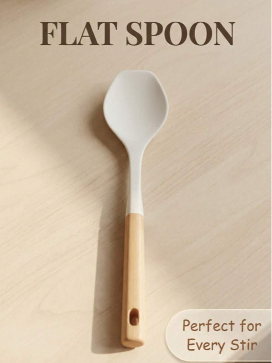 1 chiếc muỗng dẹt cán gỗ bọc silicon, thân muỗng silicon chống trầy xước dụng cụ nấu nướng, thiết kế đầu phẳng giúp ổn định hơn khi múc canh và các món ăn, thích hợp cho nồi canh và chảo. Chất liệu silicon chịu nhiệt và dễ vệ sinh, một dụng cụ rất thiết thực cho nhà bếp. - trắng - Xem 1