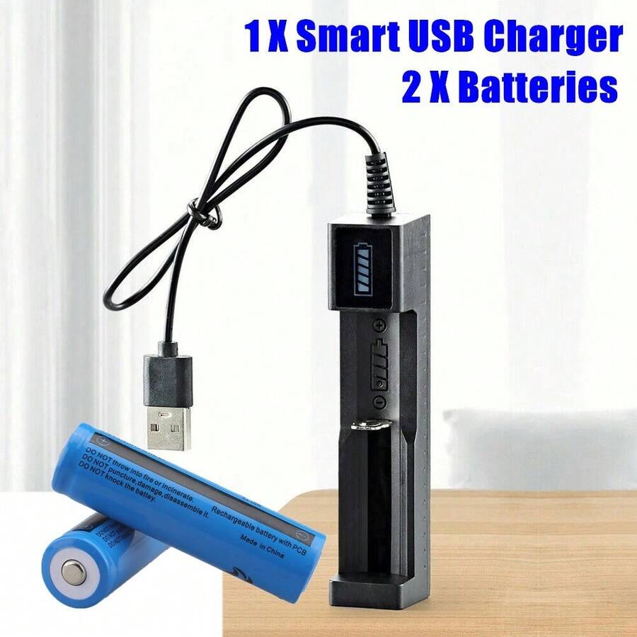 18650 USB Rechargeable Battery, 3000mAh Large-Capacity 3.7V Lithium-Ion Battery, 18650 Flashlight Headlamp Battery Set - Blue - View 1
