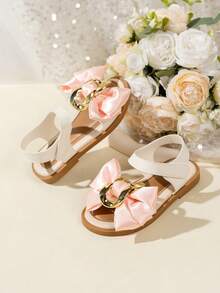 1 Pair Children's Pink Bow Gold Buckle Decor Hook And Loop Sandals - Comfortable And Versatile, Ideal For Shopping, Daily Wear, Parties, And Summer Trips. Fashionable, Casual, And Comfortable Girls Sandals - Pink - View 4
