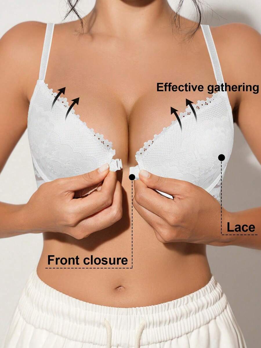 Women's Front Closure Lace Underwire Bra - Side Support, Shaping, Lift, Sexy & Comfortable, Suitable For Various Fashionable Outfits