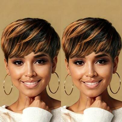 Natural Look Short Pixie Cut Wig With Bangs | High Volume Straight Human Hair, Rose Net Cap For Secure Fit, Machine-Made For Daily Wear & Parties, Natural Color Blend For Light Beige Tones (Hairpiece)