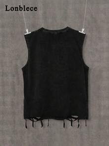Lonblece 1pc Streetwear Cross & Eye Graphic Distressed Loose Fit Tank Top For Men - Black - View 2