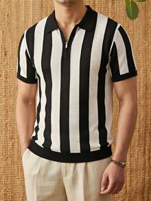 男士撞色条纹短袖镂空针织上衣 - 黑色 - 查看 1