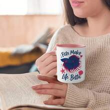 1pc 11oz Fish Make Life Betta Ceramic Mug - Blue & Red Betta Fish (Betta Fish) Design Coffee Tea Cup With Black & Lid-Like Glossy Edges, Microwave & Dishwasher, Aquarium-Themed Fish Lovers, Pet Owners, Birthdays - trắng - Xem 8