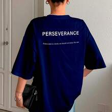 T-Shirt With "Perseverance" Print Lettering. Minimalist, Casual, Modern, Sophisticated, Simple, Basic, Summer, Oversized. - Navy Blue - View 13