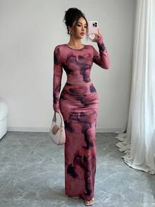 2pcs/Set Women's Fashion Round Neck Elegant Tight Asymmetrical Tie Dye Pattern Long Sleeve T-Shirt, Tight Fitting Tie Dye Pattern Maxi Skirt Set