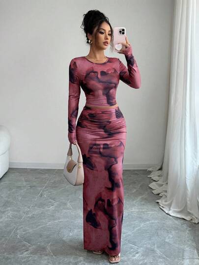 2pcs/Set Women's Fashion Round Neck Elegant Tight Asymmetrical Tie Dye Pattern Long Sleeve T-Shirt, Tight Fitting Tie Dye Pattern Maxi Skirt Set