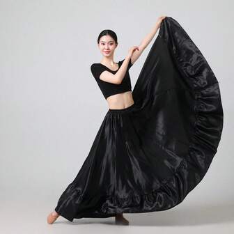 Women's Long Flared Skirt - Satin Flared Hem Bohemian Vintage A-Line Maxi Skirt, Suitable For Dancing, Parties, Daily Wear (All Season, Fluffy Hem, Ballroom Style)