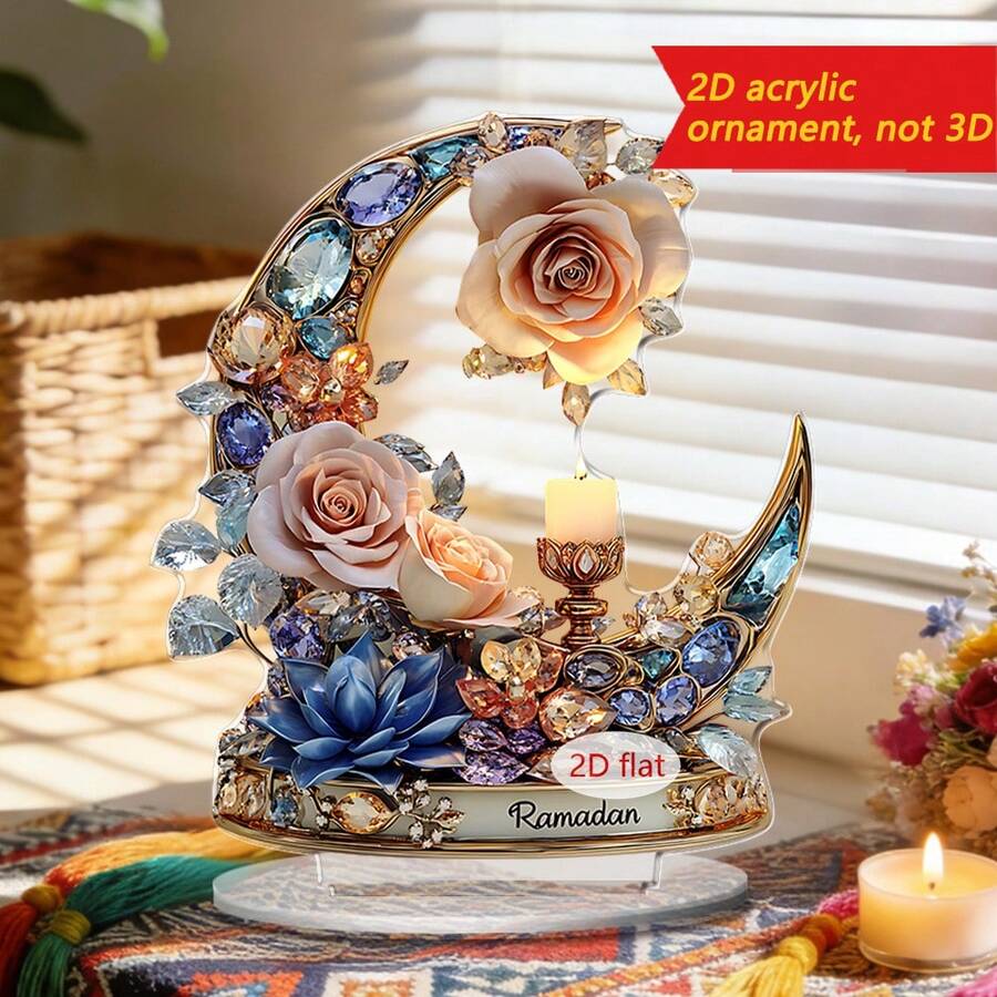 1/3 قطعة تمثال أكريليك مطبوع بالطباعة المسطحة 2D بشكل جمل وزهور لتزيين المكتب، مناسب للأعياد العربية والاحتفالات الإسلامية والحفلات وديكور المنزل والهدايا الفنية