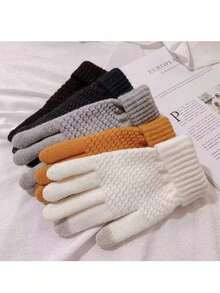 1/4 双装女士触屏冬季手套 - 时尚针织露指手套，加厚袖口，保暖舒适 - A - 查看 2