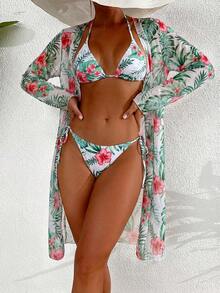 新款夏季女士性感打结吊带比基尼套装，配网纱罩衫，三件套泳衣，适合海滩度假 - 白色 - 查看 5