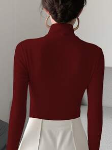 Women's Solid Color Knit Criss-Cross Collar Undershirt, Office Wear Spring New Item Casual - Red - View 7