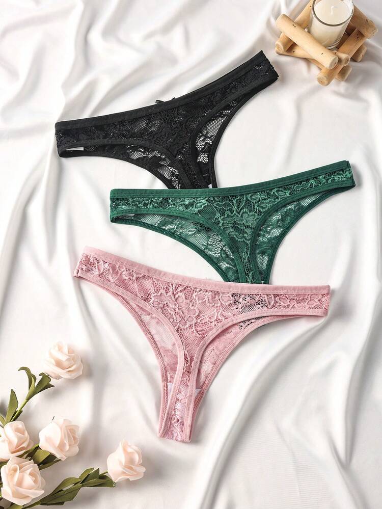 3pcs/Set Women's Romantic Sexy Lace Bow Thong Seamless Stretch Panties - Multicolor - View 3