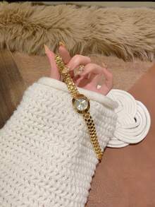 1pc Arabic Numeral Scale Gold Square Rhinestone Women's Quartz Watch, Exquisite Casual, Suitable For Daily Wear Or Party Gift - Gold - View 8