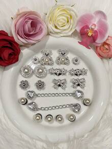 20pcs/Set New Fashion Original Heart Chain Pearl Cute Diamond Bear Series DIY Hole Shoes Decorative Accessories - Diamond Pentagram, Bow, Large Pearl, Detachable Shoe Buckle Accessories, Cute ABS Plastic Pearl Hole Shoes Buckle For Beach, Home, Outdoor, Summer - Ginger - View 2