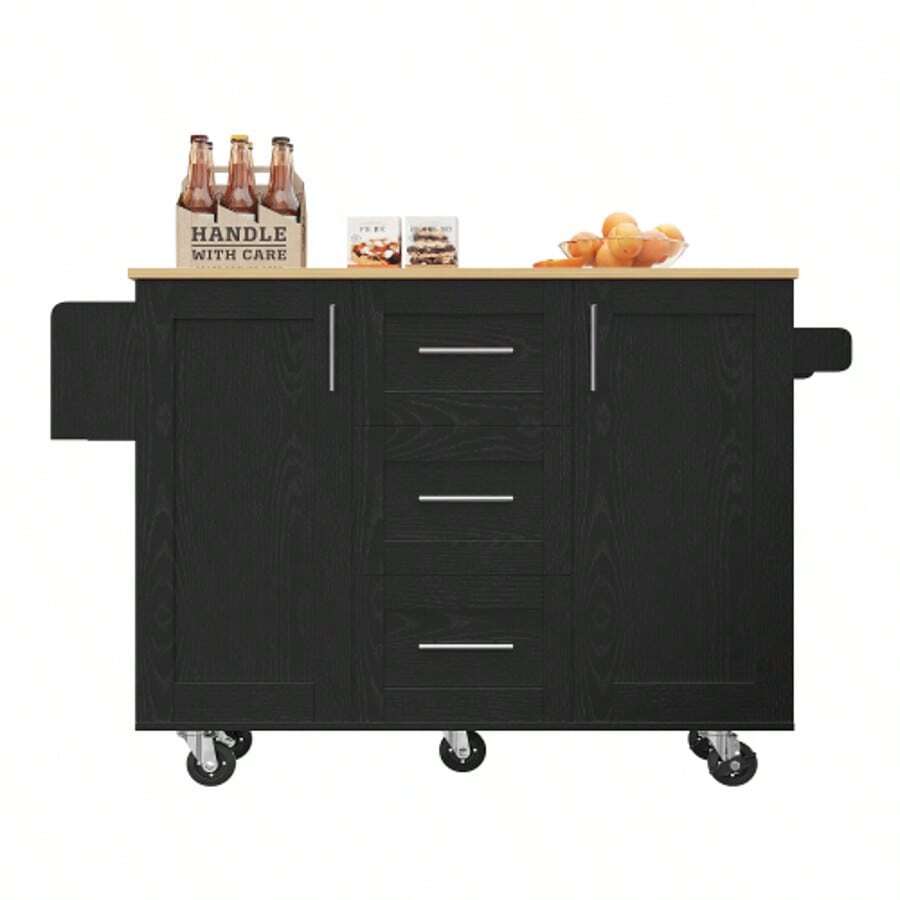 Kitchen Island, Removable Partitions, Removable Casters (Used As Kitchen Cabinets), Dining Cart With Workbench, Buffet Cabinet, Dining Cart With Wood Grain Finish, Side Towel Rack With Casters, Black - 黑色 - View 1