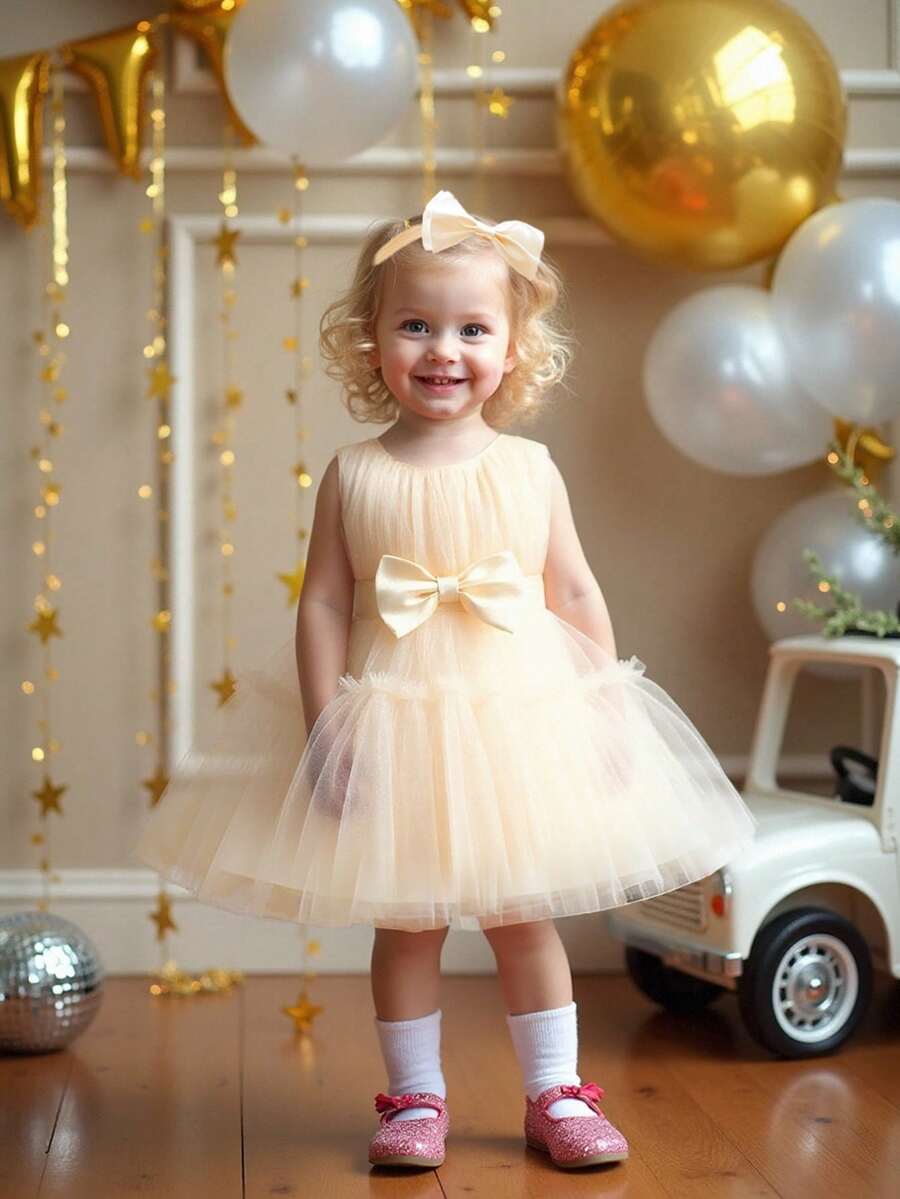 女婴无袖纯色薄纱腰部蝴蝶结蓬蓬裙，优雅连衣裙，适合生日派对，附赠发带