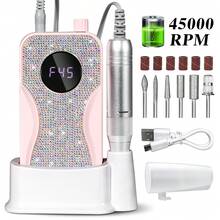 Rechargeable Nail Grinder With Diamond Encrusted Electric Nail File, Suitable For Removing Gel & Acrylic Nails, Polishing And Shaping, For Home And Salon Use, Available In Mermaid Scale Purple Blue Ombre, Twilight Orange Purple Ombre, Sunset Orange Blue Ombre, Pearl White, Coral Pink - 彩色 - 查看 9