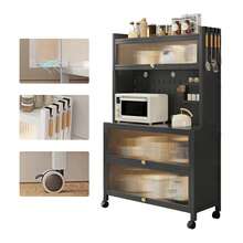 Estantería metálica para cocina con puertas correderas, disponible en dos tamaños. Estantería de acero al carbono resistente al óxido con soportes y ruedas. Los paneles perforados facilitan la organización personalizada de electrodomésticos, utensilios de cocina y almacenamiento de alimentos. Diseño a prueba de polvo. - Negro - Ver 3