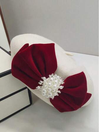 1顶优雅羊毛混纺蝴蝶结贝雷帽，秋冬季