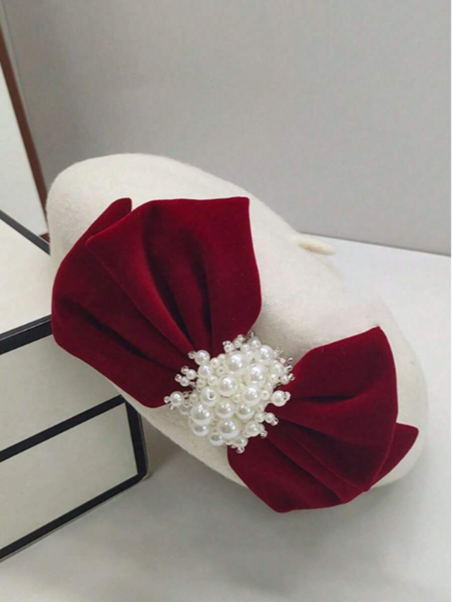 1 pieza Boina elegante de mezcla de lana con lazo, otoño/invierno - Blanco - Ver 1