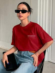 T-Shirt With "Perseverance" Print Lettering. Minimalist, Casual, Modern, Sophisticated, Simple, Basic, Summer, Oversized. - Red - View 6