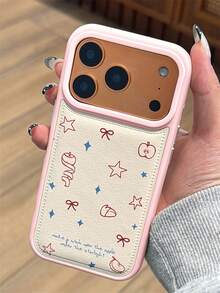 1PC Y2K Cute Cartoon Stars Bow Apple Graffiti Phone Case Compatible With IPhone 17 Pro Max 17 Pro Air 16 15 14 13 Pro Max Creative Soft Faux Leather Anti-Drop Back - Pink - View 2