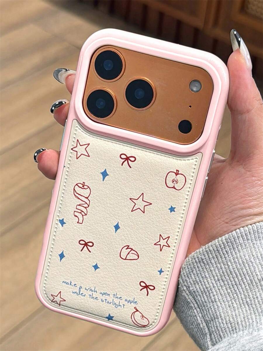 1PC Y2K Cute Cartoon Stars Bow Apple Graffiti Phone Case Compatible With IPhone 17 Pro Max 17 Pro Air 16 15 14 13 Pro Max Creative Soft Faux Leather Anti-Drop Back