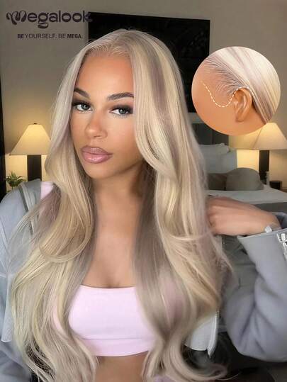 MEGALOOK 金色挑染波比波浪假发升级版 13x6 Max Three-Go™ 无胶假发，带抽绳，100% 真人发 - 预剪蕾丝和预拔毛耳到耳自然发际线透明蕾丝前假发金色波浪假发 180% 密度