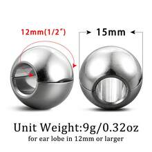1pc 12mm (1/2 Inch) Round Ball Ear Plugs, Suitable For Stretched Earlobes, 316L Stainless Steel Material, Unisex Punk Style Piercing Jewelry - 1455 - View 3