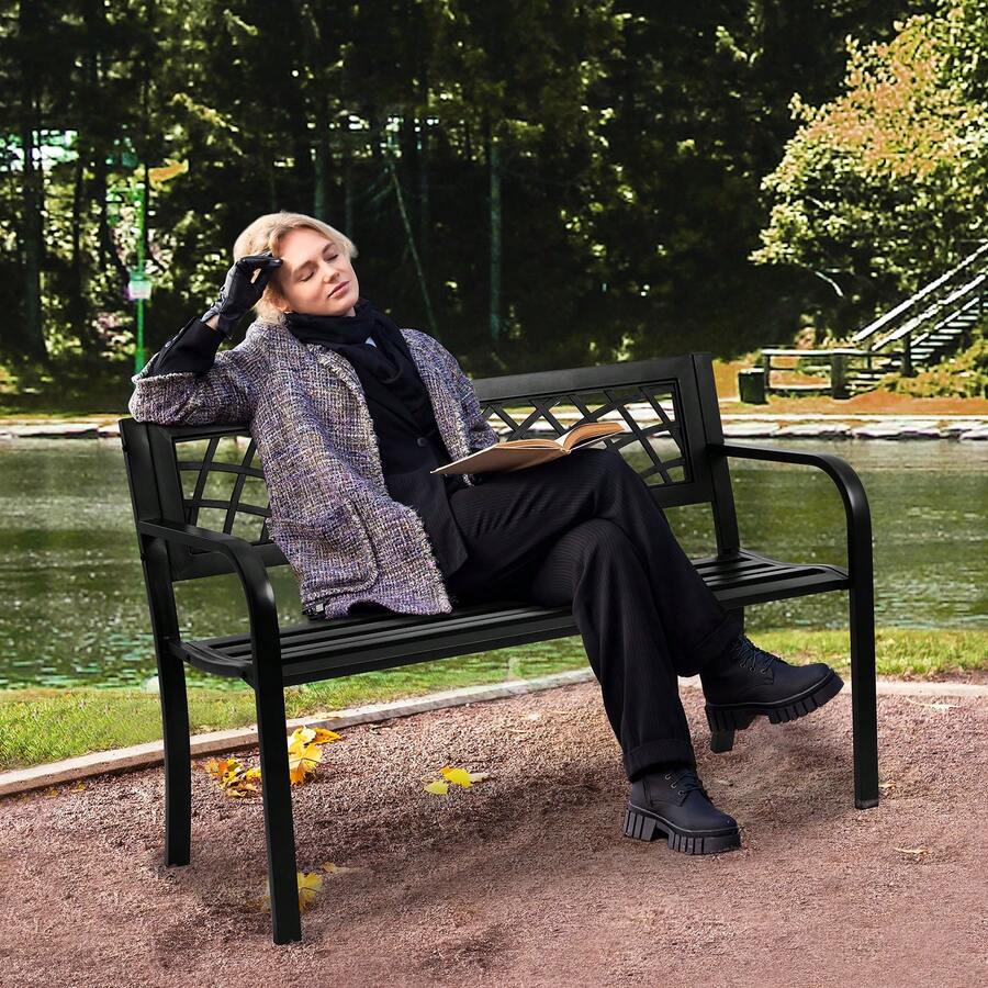 Banco para exteriores, banco de capacidad de carga de 480 libras, banco de jardín de metal de 46 pulgadas para exteriores, banco de parque de jardín al aire libre con respaldo y apoyabrazos, banco de patio para jardín, parque, patio, porche delantero - Negro - Ver 1