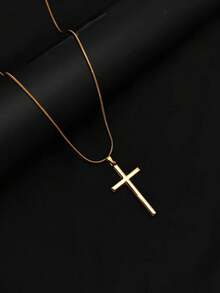 1pc French Fashion 18K Gold Plated Stainless Steel Hydraulic Cross Pendant Necklace, Unique Luxury Design, Versatile Accessory