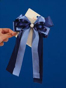 1 pieza Clip de pelo con lazo a cuadros de dos tonos, estilo escolar casual y versátil para niñas, temporada de vuelta al colegio - Azul Marino - Ver 4