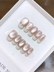 Uñas postizas cuadradas hechas a mano, con diseño de ojos de gato pintados a mano de alta calidad y estilo sencillo, ideales para otoño e invierno, uñas postizas de cobertura completa, uñas Y2K, un grupo único y creativo de uñas postizas, uñas diarias, uñas de estilo moderno y lindo, para uso diario, suministros de uñas desmontables y reutilizables - Multicolor - Ver 2