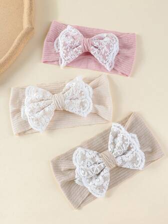Set de 3 diademas para bebé niña de nueva llegada primaveral, banda elástica de nailon con lazo de encaje dulce y lindo, regalo perfecto para niñas