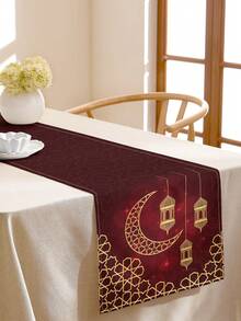 1pc Middle Eastern Ramadan Star & Crescent Lantern Print Linen Table Runner, Suitable For Festivals, Parties, Birthdays, Dinners, Kitchen & Dining Room Decor, Shoe Cabinet & Storage Cover, All Season Home Decor - Multicolor - View 1
