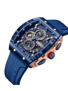 Fashionable Wine Barrel Shaped Large Dial Sports Watch With Unique Rectangular Hollow Design Quartz Watch, Equipped With Chronograph Automatic Date - Màu xanh lam - Xem 6