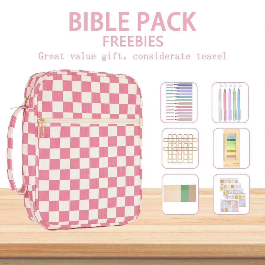 Bible Cover Case For Women Grils, Preppy Bible Bag With Adjustable Shoulder Strap, Waterproof Bible Carrying Tote Bags Holder For Bible Study Supplies Accessories & Christian Gifts - 粉紅格子 - 查看 1
