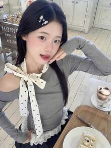 时尚优雅甜美可爱不对称肩带系带女式衬衫 - 灰色 - 查看 3