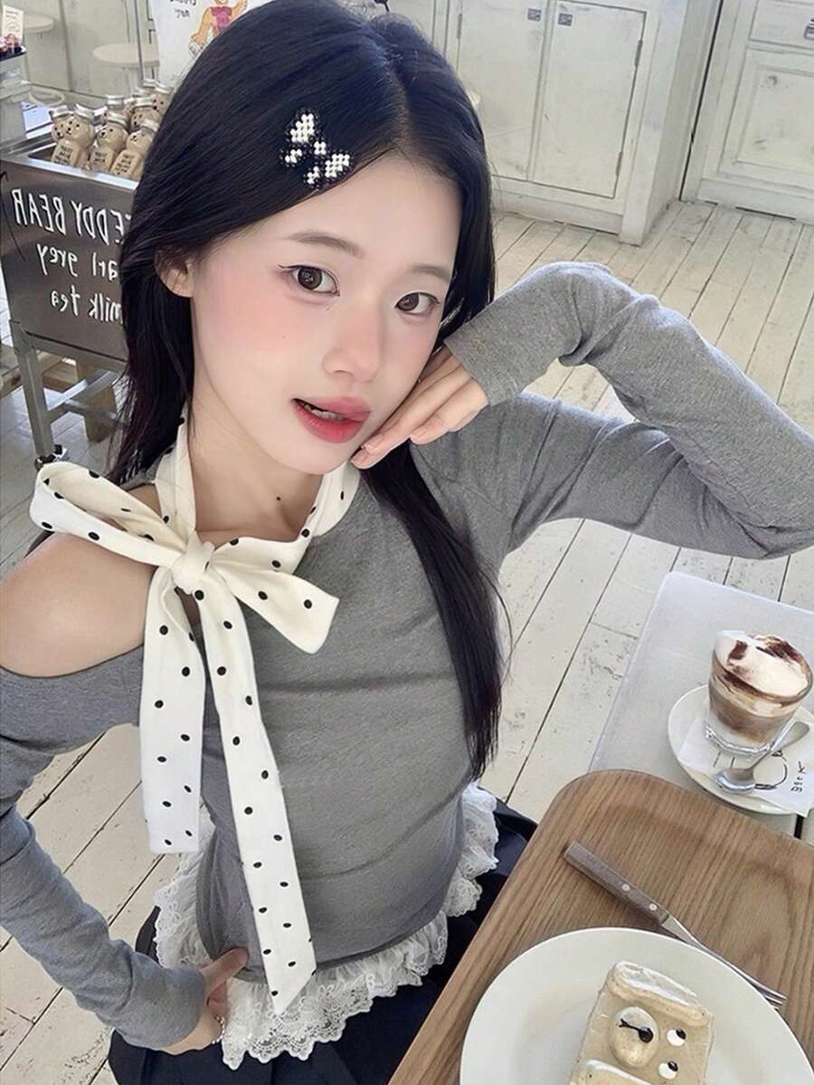 Áo kiểu nữ thanh lịch, ngọt ngào, dễ thương với dây buộc vai bất đối xứng dành cho mùa xuân. - Xám - Xem 1