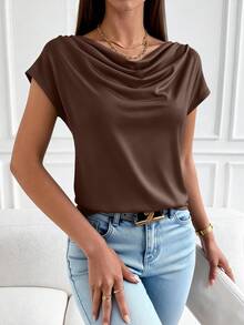 Women's Summer Clothes Tops Dressy Casual Clothing Cowl Neck Short Sleeve Blouses Business Work Office Shirts  Tops For Women - 棕色 - 查看 1