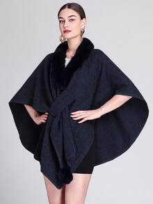 1 pièce Poncho châle à col en fourrure, couleur unie, avec cordon de serrage et gland, pour l'hiver, pour femmes - Multicolore - Voir 4