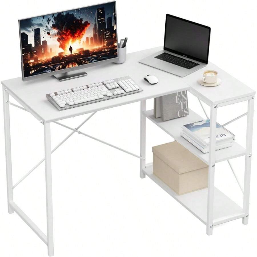 100 Cm L-Shaped Computer Desk With Storage Shelves Corner Desk Metal Legs Modern Simple Writing Table Perfect For Small Space White - White - View 1