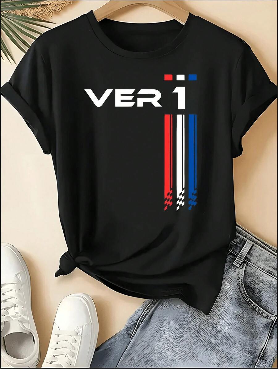 F1 Racing T-Shirt, Unisex Crew Neck VER 1 Print Short Sleeve Tee, Motorsport Racing Stripe Checkered Accent Casual Top, Sporty Style Machine Washable Shirt, Perfect For 4th Of July, Memorial Day, Labor Day, Father's Day, Back To School, Daily Wear, Race Day, Fan Gatherings, Birthday Gift For Son, Boyfriend, Dad, Niece, Spring Summer Outfits, Motorsport F1 Fan Apparel - 黑色 13 - 查看 1