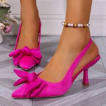 Zapatos de tacón para mujer Tacones altos estilo francés Novedades de temporada Zapatos versátiles y modernos para mujer Sandalias de punta afilada con una sola correa y lazo grande estilo francés Tacones altos Tacones de aguja de color liso A la moda - Rosa Fucsia - Ver 5