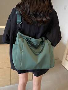 复古多口袋女士手提包，简约单肩斜挎包，学生书包，办公手提包，大容量可折叠购物袋 - 軍綠色 - 查看 11