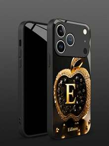 1pc Customizable Text & Letter Design Rhinestone Apple Pattern Tempered Glass Phone Case, Compatible With IPhone 17 ProMax/17 Air/15/16 Pro/14 Plus/13 Pro/12 Pro Max/11/Xs Max/8/7/6 Plus, S24 Ultra/S25 Ultra, Compatible With Redmi NOTE 13/14, Compatible With Redmi K40, Mi 11, Fashionable Business Custom Gift For Family, Colleagues, Friends - Black - View 6